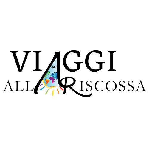 Logo di Viaggi alla riscossa, Formato da lettera A stilizzata con arco simboleggiante il sole con raggi e mappa del mondo con colori arcobaleno, ed aereo